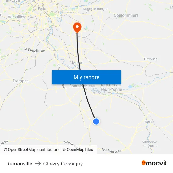 Remauville to Chevry-Cossigny map