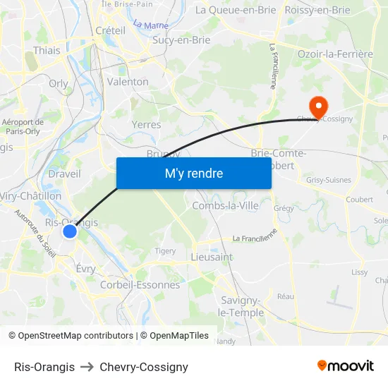 Ris-Orangis to Chevry-Cossigny map