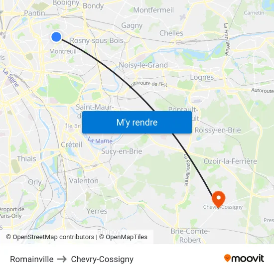Romainville to Chevry-Cossigny map