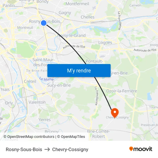 Rosny-Sous-Bois to Chevry-Cossigny map