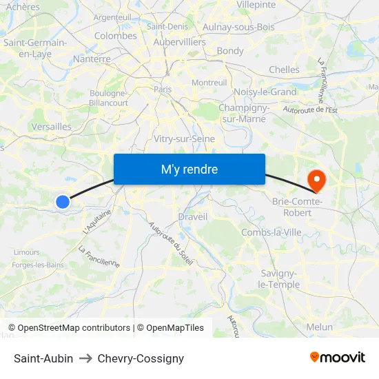 Saint-Aubin to Chevry-Cossigny map