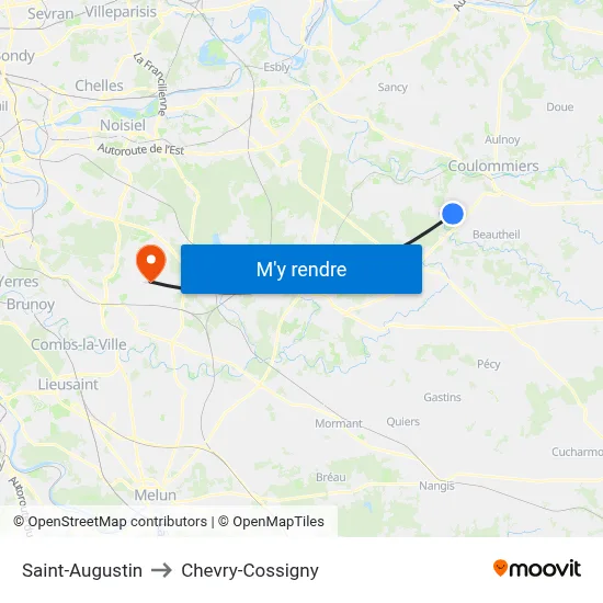 Saint-Augustin to Chevry-Cossigny map