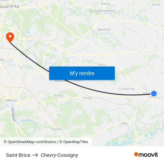 Saint-Brice to Chevry-Cossigny map