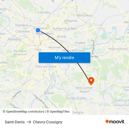 Saint-Denis to Chevry-Cossigny map