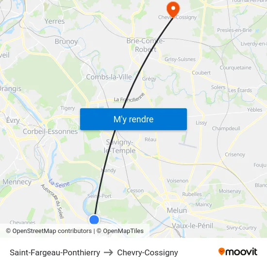 Saint-Fargeau-Ponthierry to Chevry-Cossigny map