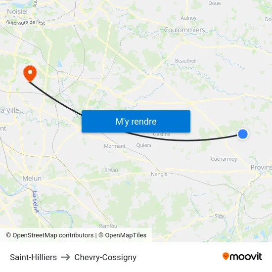 Saint-Hilliers to Chevry-Cossigny map