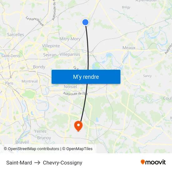 Saint-Mard to Chevry-Cossigny map