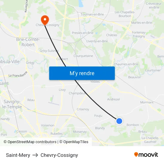 Saint-Mery to Chevry-Cossigny map