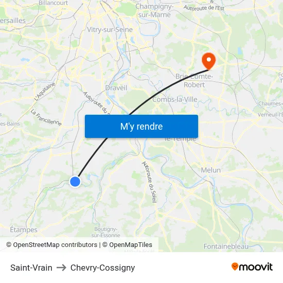 Saint-Vrain to Chevry-Cossigny map