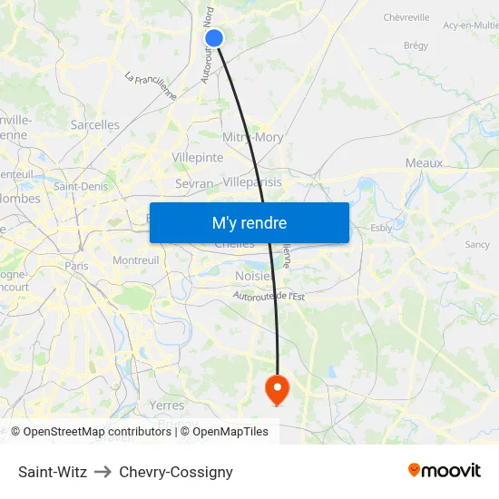 Saint-Witz to Chevry-Cossigny map