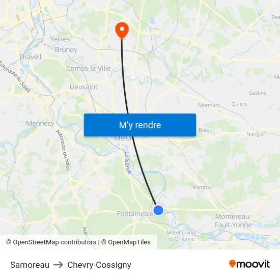 Samoreau to Chevry-Cossigny map