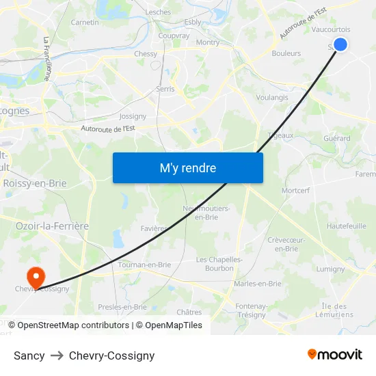 Sancy to Chevry-Cossigny map