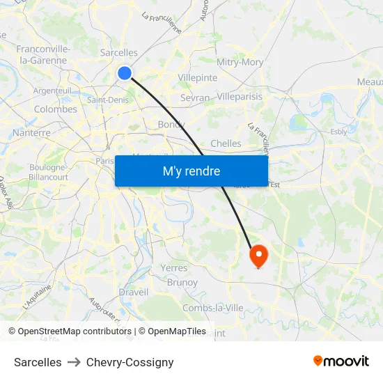 Sarcelles to Chevry-Cossigny map