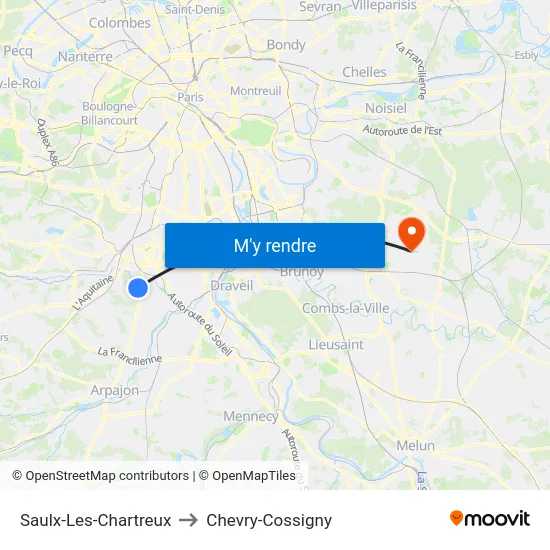 Saulx-Les-Chartreux to Chevry-Cossigny map
