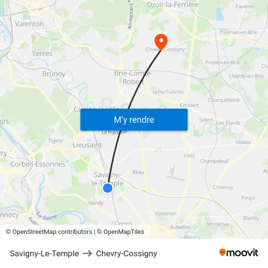 Savigny-Le-Temple to Chevry-Cossigny map