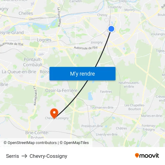 Serris to Chevry-Cossigny map