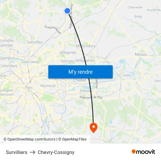 Survilliers to Chevry-Cossigny map