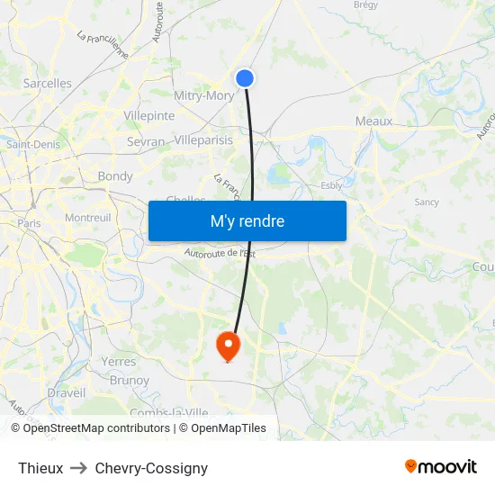 Thieux to Chevry-Cossigny map