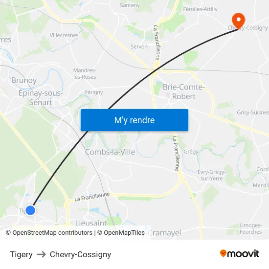 Tigery to Chevry-Cossigny map
