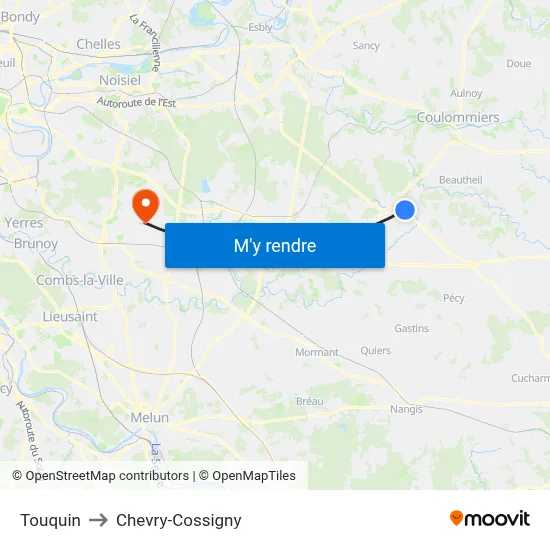 Touquin to Chevry-Cossigny map