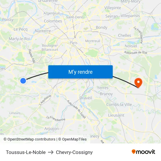 Toussus-Le-Noble to Chevry-Cossigny map