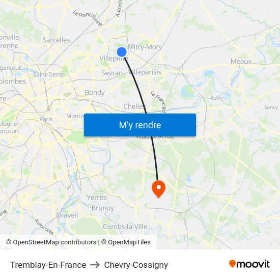 Tremblay-En-France to Chevry-Cossigny map