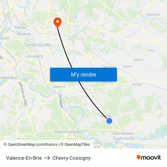 Valence-En-Brie to Chevry-Cossigny map