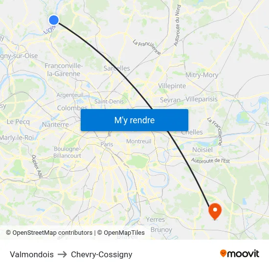 Valmondois to Chevry-Cossigny map
