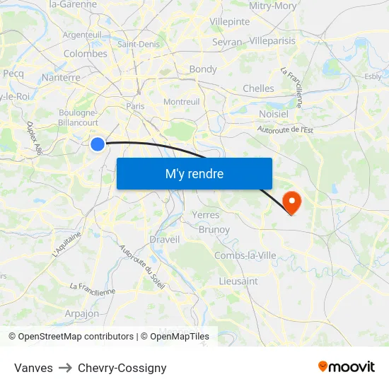 Vanves to Chevry-Cossigny map