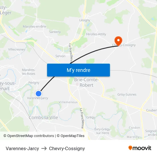 Varennes-Jarcy to Chevry-Cossigny map