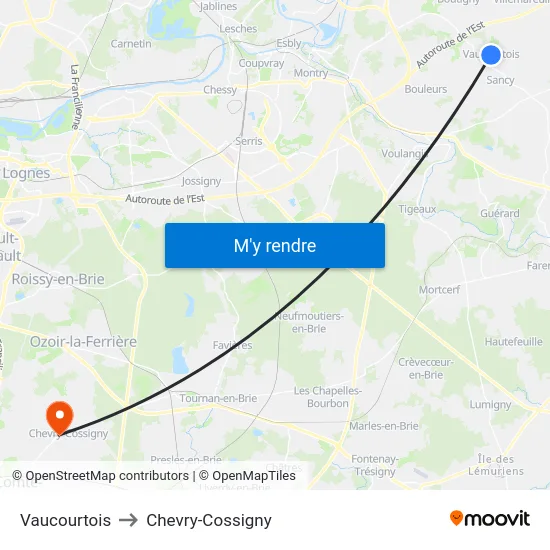 Vaucourtois to Chevry-Cossigny map