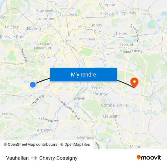 Vauhallan to Chevry-Cossigny map