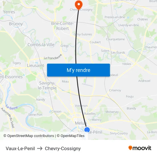Vaux-Le-Penil to Chevry-Cossigny map