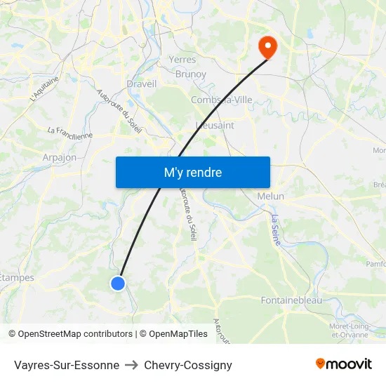 Vayres-Sur-Essonne to Chevry-Cossigny map