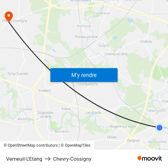 Verneuil-L'Etang to Chevry-Cossigny map
