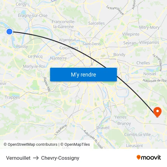 Vernouillet to Chevry-Cossigny map