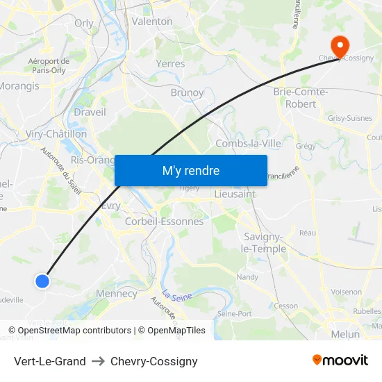 Vert-Le-Grand to Chevry-Cossigny map