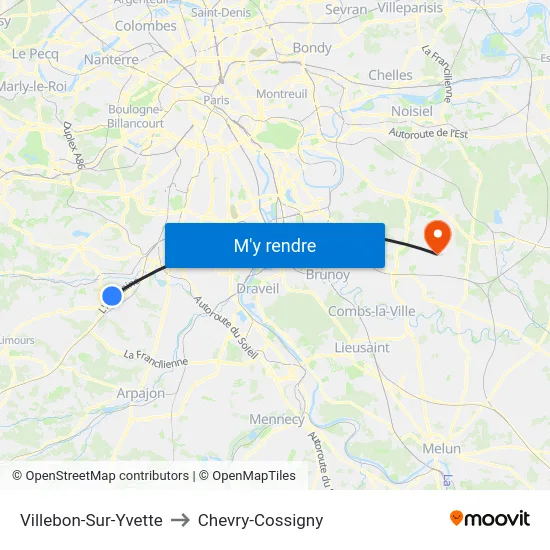 Villebon-Sur-Yvette to Chevry-Cossigny map