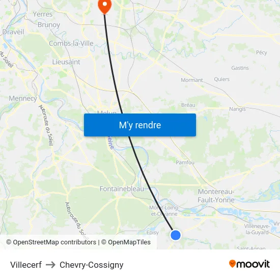 Villecerf to Chevry-Cossigny map
