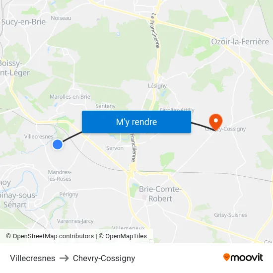 Villecresnes to Chevry-Cossigny map