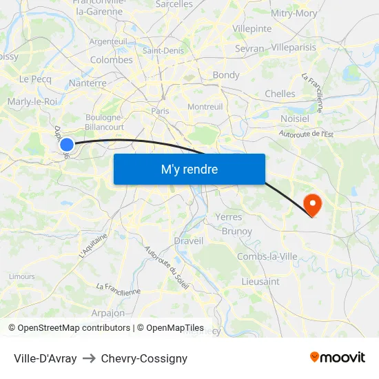 Ville-D'Avray to Chevry-Cossigny map