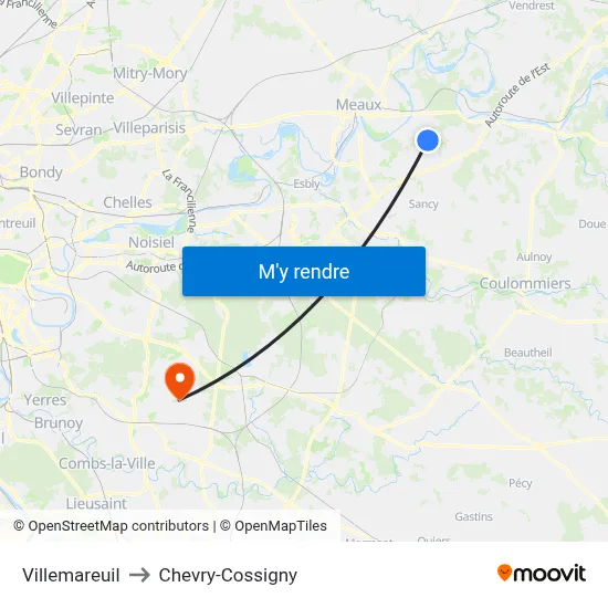 Villemareuil to Chevry-Cossigny map