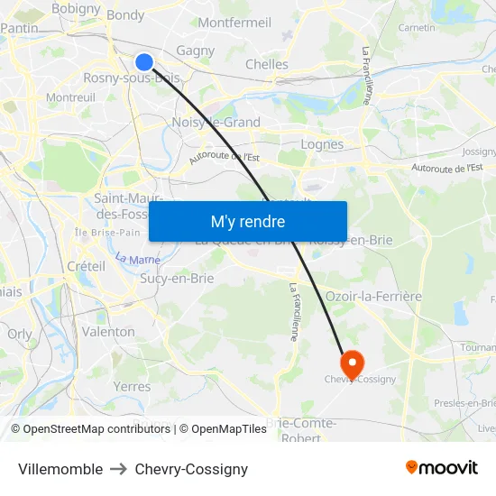Villemomble to Chevry-Cossigny map