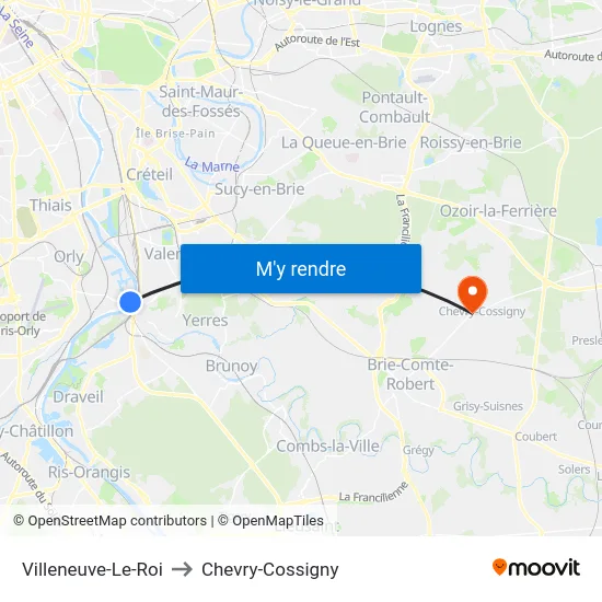 Villeneuve-Le-Roi to Chevry-Cossigny map