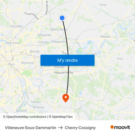 Villeneuve-Sous-Dammartin to Chevry-Cossigny map