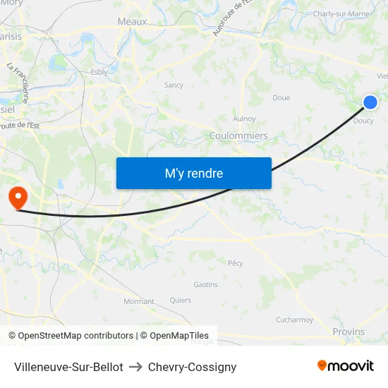 Villeneuve-Sur-Bellot to Chevry-Cossigny map