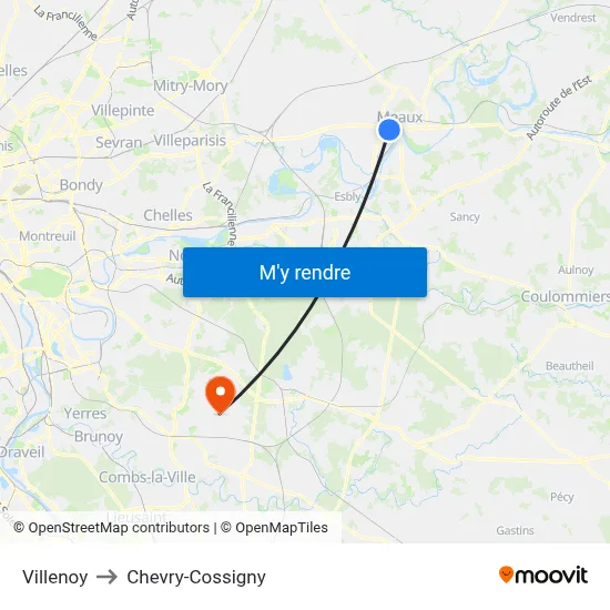 Villenoy to Chevry-Cossigny map