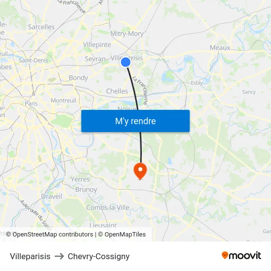 Villeparisis to Chevry-Cossigny map