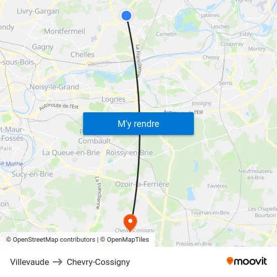 Villevaude to Chevry-Cossigny map