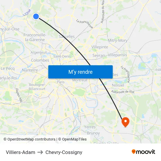 Villiers-Adam to Chevry-Cossigny map